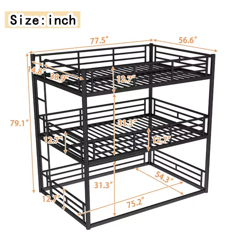 Bellemave Bunk Bed with Safety Guardrails, Metal Triple Bunk Bed with Noise-reduced Design for 3 Kids, Space-Saving