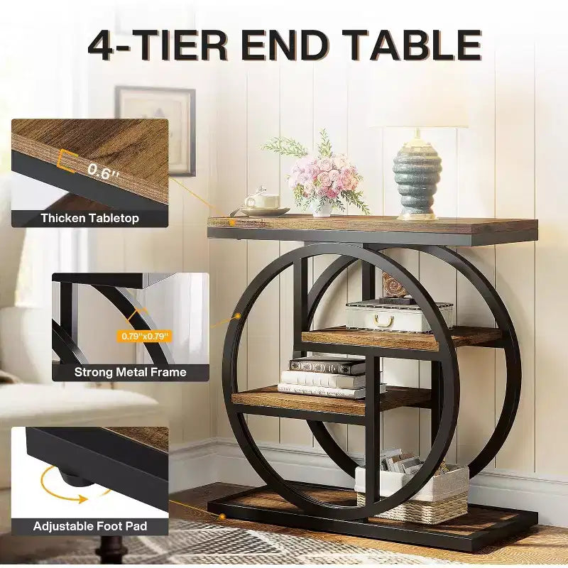 Lantine End Table for Living Room, 4-Tier Narrow Side Table with Storage Shelves, Bedside Table for Bedroom, Wood Sofa Side Table, Rustic Brown