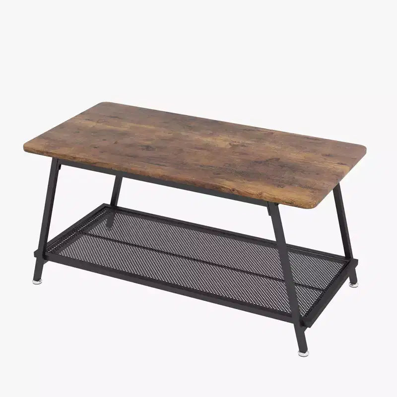 Industrial 2 Tier Rectangular Coffee Table with Rustic Brown Wood Finish and Metal Mesh Shelf, Heavy Duty Frame for Small Living Room
