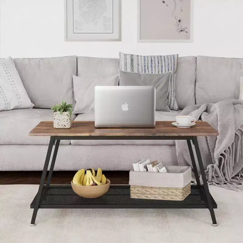 Industrial 2 Tier Rectangular Coffee Table with Rustic Brown Wood Finish and Metal Mesh Shelf, Heavy Duty Frame for Small Living Room