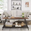 Industrial 2 Tier Rectangular Coffee Table with Rustic Brown Wood Finish and Metal Mesh Shelf, Heavy Duty Frame for Small Living Room