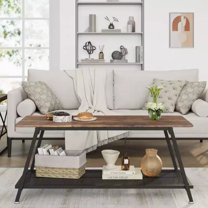 Industrial 2 Tier Rectangular Coffee Table with Rustic Brown Wood Finish and Metal Mesh Shelf, Heavy Duty Frame for Small Living Room