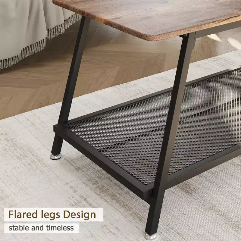 Industrial 2 Tier Rectangular Coffee Table with Rustic Brown Wood Finish and Metal Mesh Shelf, Heavy Duty Frame for Small Living Room