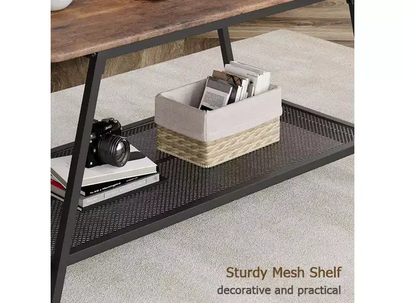 Industrial 2 Tier Rectangular Coffee Table with Rustic Brown Wood Finish and Metal Mesh Shelf, Heavy Duty Frame for Small Living Room