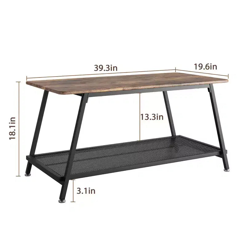 Industrial 2 Tier Rectangular Coffee Table with Rustic Brown Wood Finish and Metal Mesh Shelf, Heavy Duty Frame for Small Living Room