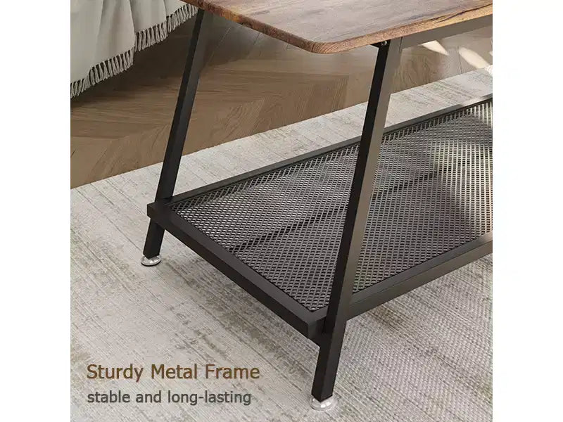 Industrial 2 Tier Rectangular Coffee Table with Rustic Brown Wood Finish and Metal Mesh Shelf, Heavy Duty Frame for Small Living Room