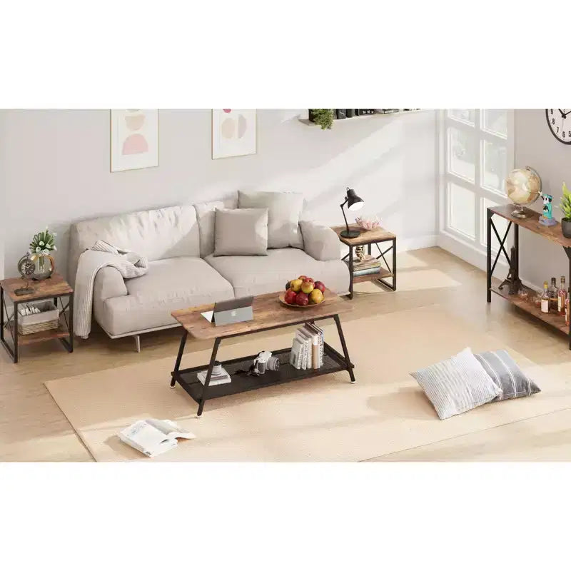 Industrial 2 Tier Rectangular Coffee Table with Rustic Brown Wood Finish and Metal Mesh Shelf, Heavy Duty Frame for Small Living Room