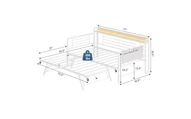 Daybed with Trundle Bed,Twin Bed Frame with Storage Headboard and LED Light,Heavy Duty Metal Day Bed Pop Up Trundle Bed for Living Room,Bedroom