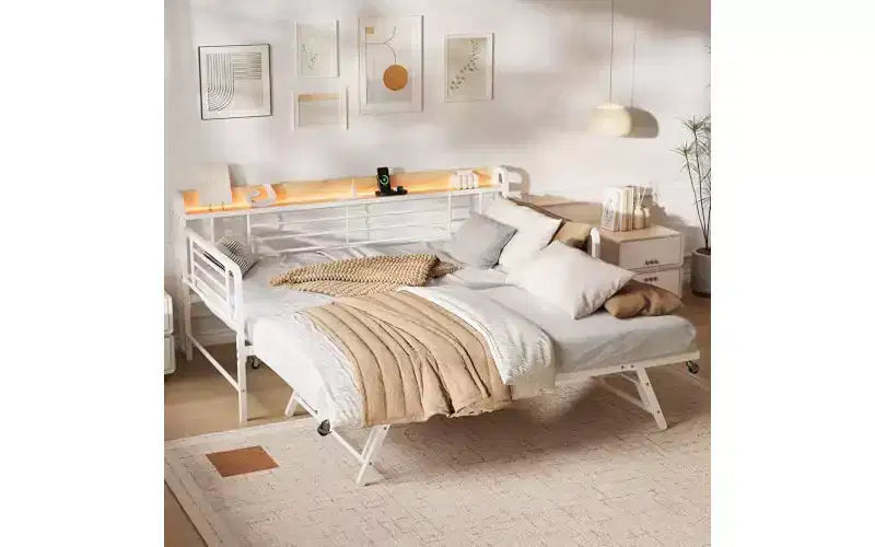 Daybed with Trundle Bed,Twin Bed Frame with Storage Headboard and LED Light,Heavy Duty Metal Day Bed Pop Up Trundle Bed for Living Room,Bedroom