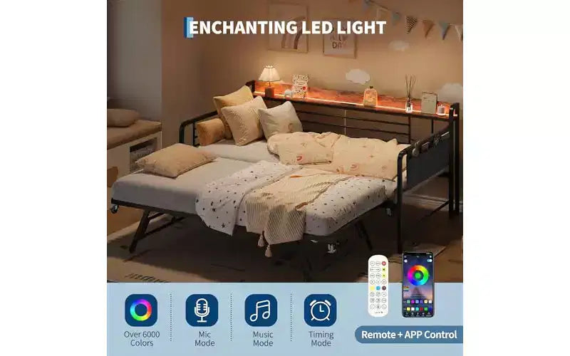 Daybed with Trundle Bed,Twin Bed Frame with Storage Headboard and LED Light,Heavy Duty Metal Day Bed Pop Up Trundle Bed for Living Room,Bedroom