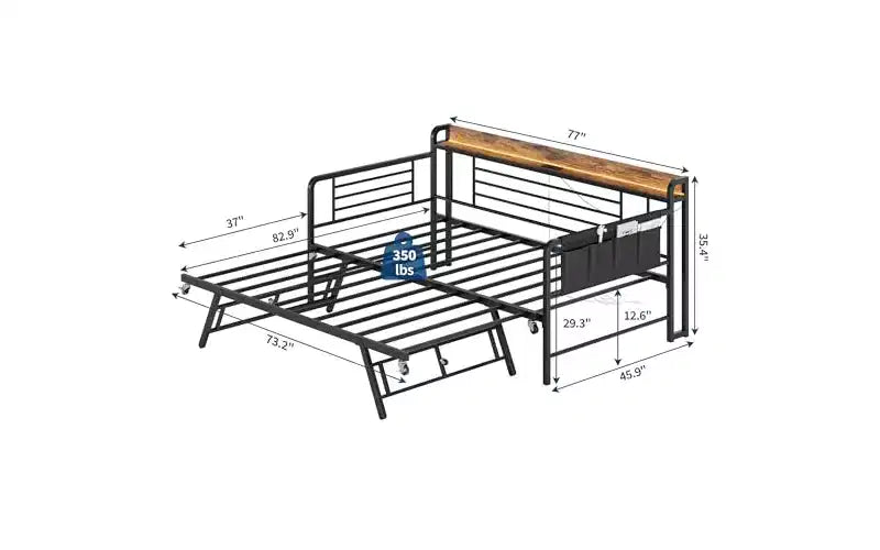 Daybed with Trundle Bed,Twin Bed Frame with Storage Headboard and LED Light,Heavy Duty Metal Day Bed Pop Up Trundle Bed for Living Room,Bedroom