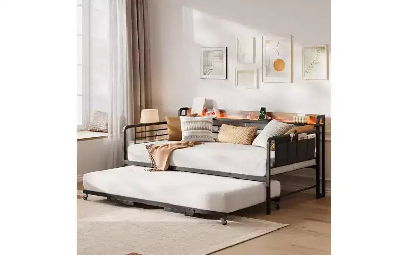 Daybed with Trundle Bed,Twin Bed Frame with Storage Headboard and LED Light,Heavy Duty Metal Day Bed Pop Up Trundle Bed for Living Room,Bedroom