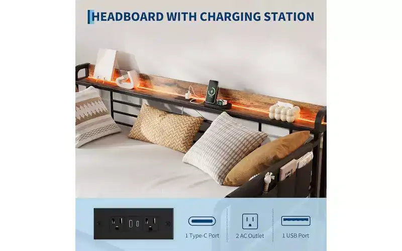 Daybed with Trundle Bed,Twin Bed Frame with Storage Headboard and LED Light,Heavy Duty Metal Day Bed Pop Up Trundle Bed for Living Room,Bedroom