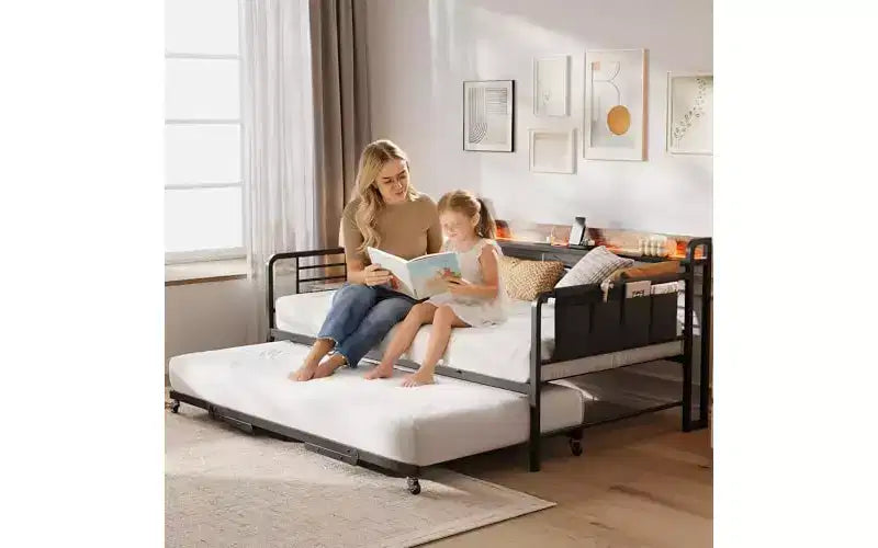 Daybed with Trundle Bed,Twin Bed Frame with Storage Headboard and LED Light,Heavy Duty Metal Day Bed Pop Up Trundle Bed for Living Room,Bedroom
