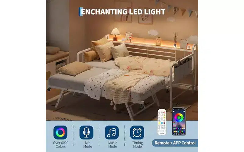 Daybed with Trundle Bed,Twin Bed Frame with Storage Headboard and LED Light,Heavy Duty Metal Day Bed Pop Up Trundle Bed for Living Room,Bedroom