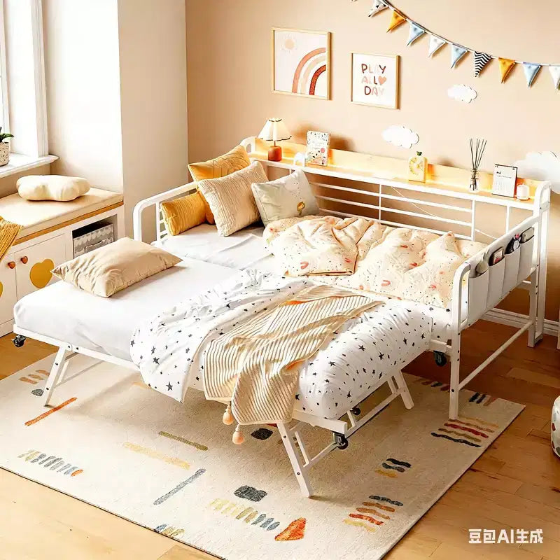 Daybed with Trundle Bed,Twin Bed Frame with Storage Headboard and LED Light,Heavy Duty Metal Day Bed Pop Up Trundle Bed for Living Room,Bedroom