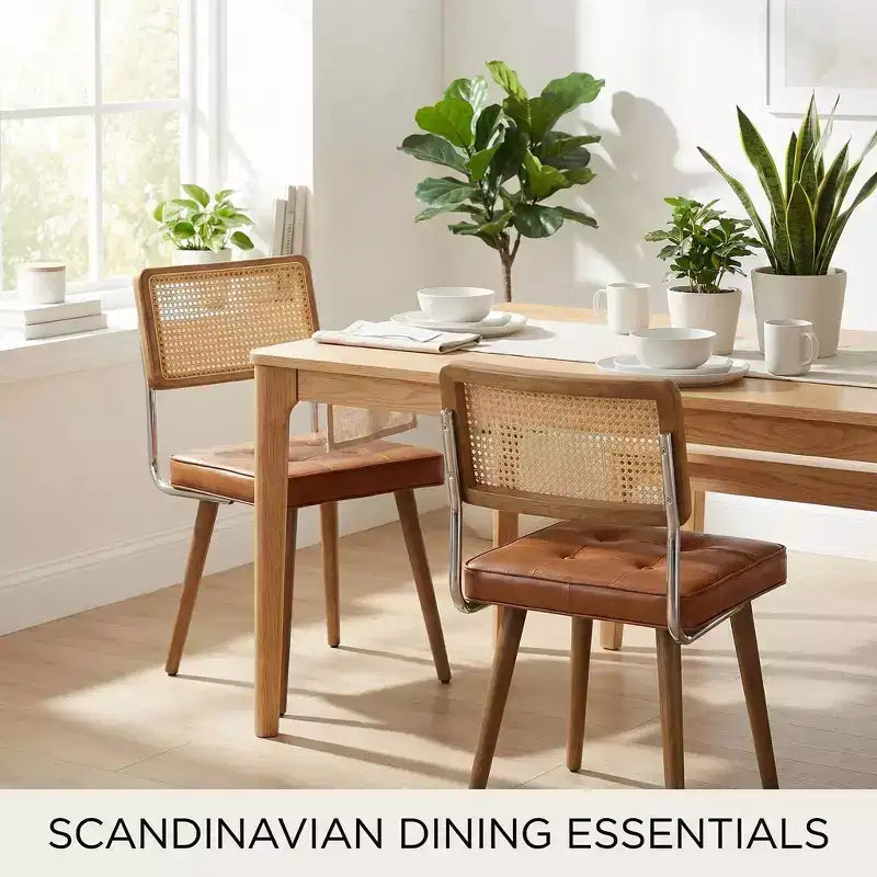 Natural Rattan Dining Chairs Set of 2 - Modern Kitchen Chairs with Mesh Back & Wood Leg Base, Mid Century Upholstered Linen Fabric Beige