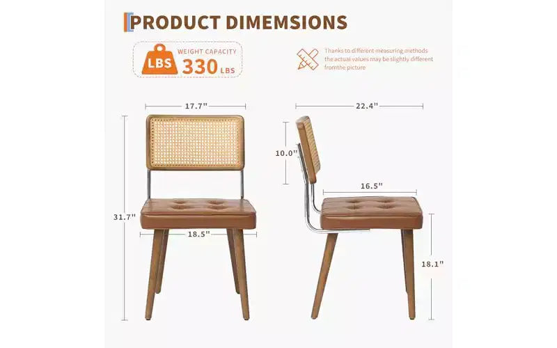Natural Rattan Dining Chairs Set of 2 - Modern Kitchen Chairs with Mesh Back & Wood Leg Base, Mid Century Upholstered Linen Fabric Beige