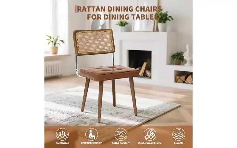 Natural Rattan Dining Chairs Set of 2 - Modern Kitchen Chairs with Mesh Back & Wood Leg Base, Mid Century Upholstered Linen Fabric Beige