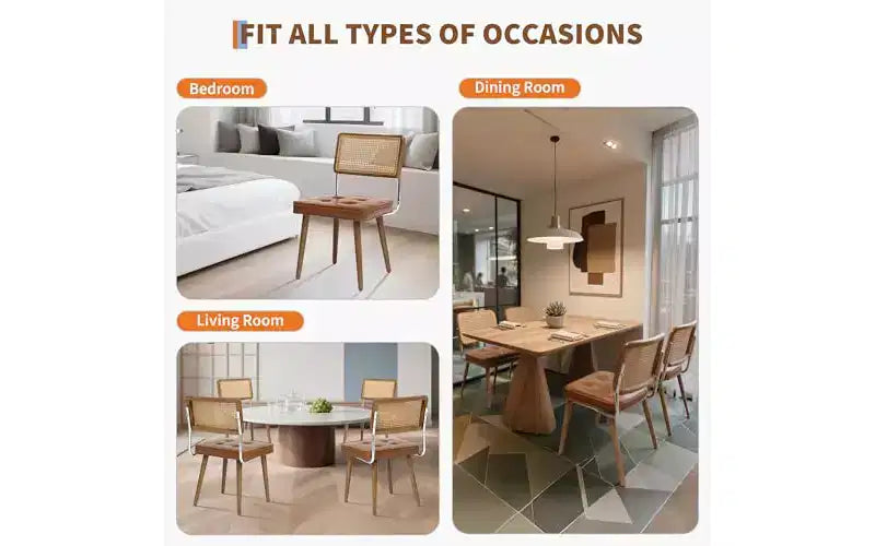 Natural Rattan Dining Chairs Set of 2 - Modern Kitchen Chairs with Mesh Back & Wood Leg Base, Mid Century Upholstered Linen Fabric Beige