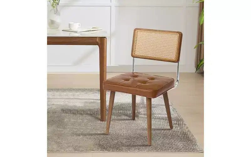 Natural Rattan Dining Chairs Set of 2 - Modern Kitchen Chairs with Mesh Back & Wood Leg Base, Mid Century Upholstered Linen Fabric Beige