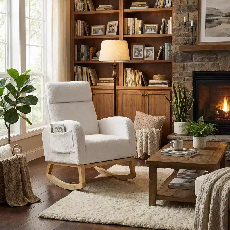 FurnitureR Upholstered Boucl Rocking Chair with Side Pocket, Padded Armchair with Solid Wood Base for Living Room, Nursery or Bedroom