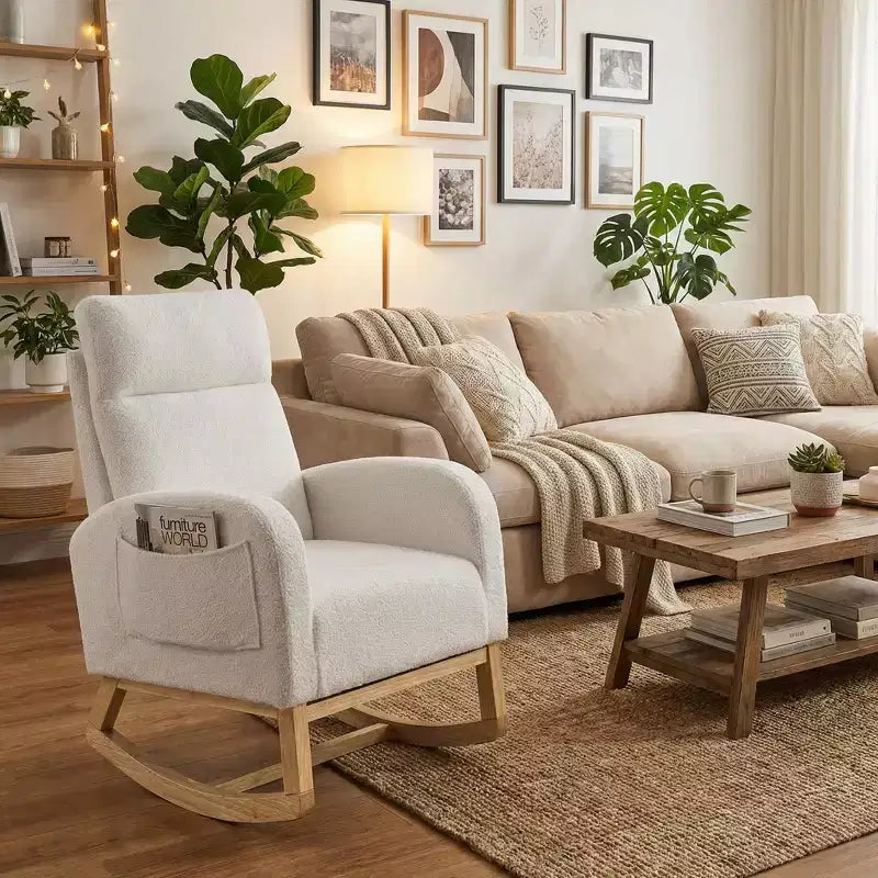 FurnitureR Upholstered Boucl Rocking Chair with Side Pocket, Padded Armchair with Solid Wood Base for Living Room, Nursery or Bedroom