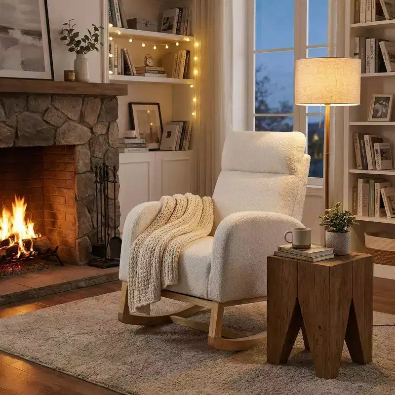 FurnitureR Upholstered Boucl Rocking Chair with Side Pocket, Padded Armchair with Solid Wood Base for Living Room, Nursery or Bedroom