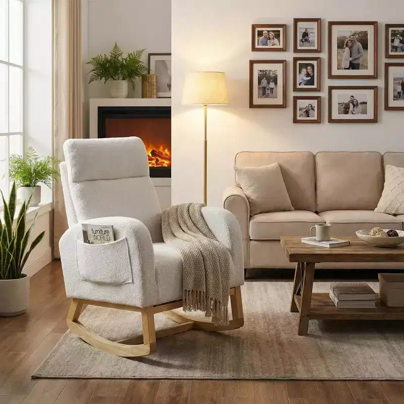FurnitureR Upholstered Boucl Rocking Chair with Side Pocket, Padded Armchair with Solid Wood Base for Living Room, Nursery or Bedroom