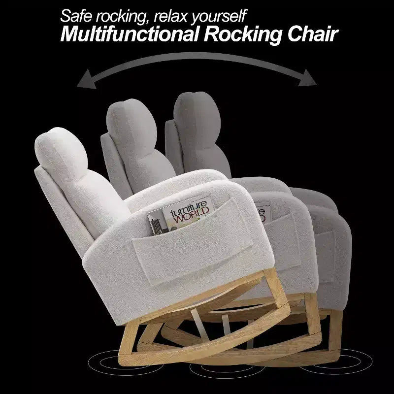 FurnitureR Upholstered Boucl Rocking Chair with Side Pocket, Padded Armchair with Solid Wood Base for Living Room, Nursery or Bedroom