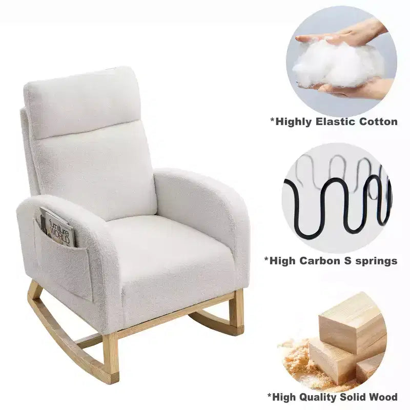 FurnitureR Upholstered Boucl Rocking Chair with Side Pocket, Padded Armchair with Solid Wood Base for Living Room, Nursery or Bedroom