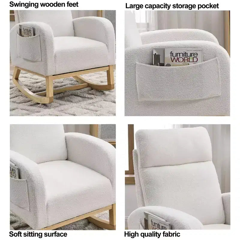FurnitureR Upholstered Boucl Rocking Chair with Side Pocket, Padded Armchair with Solid Wood Base for Living Room, Nursery or Bedroom