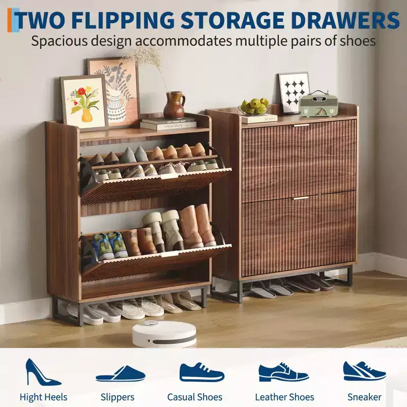 Slim Recessed Shoe Rack Modern wooden entryway storage unit with 2 rotating drawers, 11.8-inch deep, space-saving freestanding shoe rack.