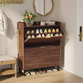 Slim Recessed Shoe Rack Modern wooden entryway storage unit with 2 rotating drawers, 11.8-inch deep, space-saving freestanding shoe rack.