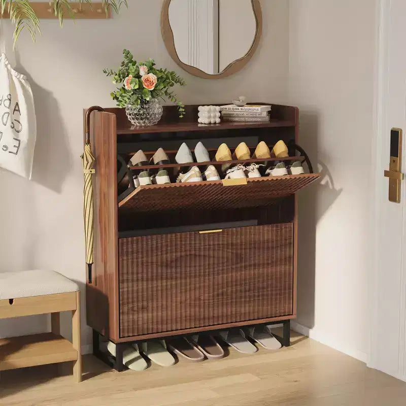 Slim Recessed Shoe Rack Modern wooden entryway storage unit with 2 rotating drawers, 11.8-inch deep, space-saving freestanding shoe rack.