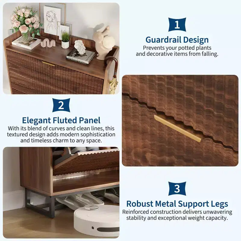 Slim Recessed Shoe Rack Modern wooden entryway storage unit with 2 rotating drawers, 11.8-inch deep, space-saving freestanding shoe rack.