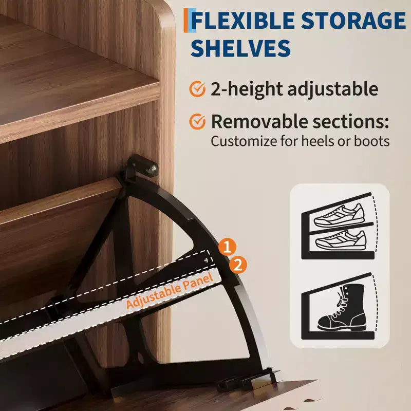 Slim Recessed Shoe Rack Modern wooden entryway storage unit with 2 rotating drawers, 11.8-inch deep, space-saving freestanding shoe rack.