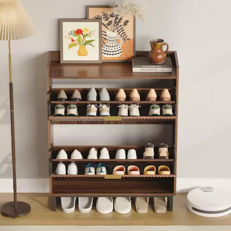 Slim Recessed Shoe Rack Modern wooden entryway storage unit with 2 rotating drawers, 11.8-inch deep, space-saving freestanding shoe rack.