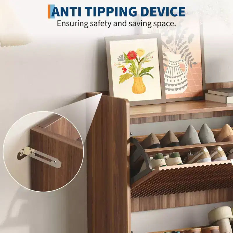 Slim Recessed Shoe Rack Modern wooden entryway storage unit with 2 rotating drawers, 11.8-inch deep, space-saving freestanding shoe rack.