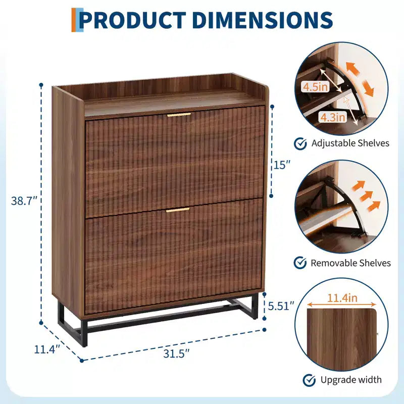 Slim Recessed Shoe Rack Modern wooden entryway storage unit with 2 rotating drawers, 11.8-inch deep, space-saving freestanding shoe rack.
