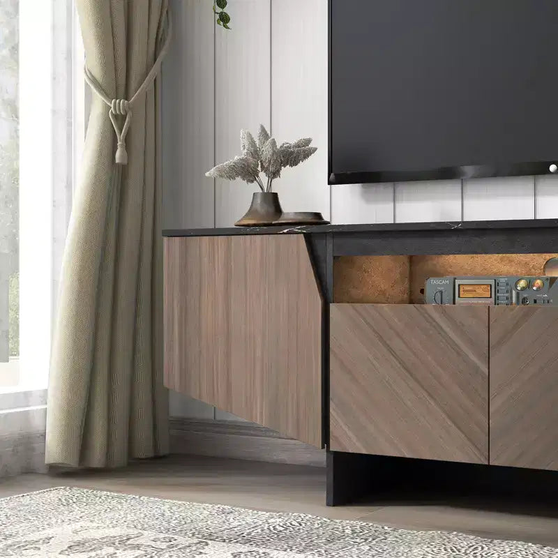 CuisinSmart 63''L Mid Century Modern TV Stand with Opening-Shelf Storage, Under TV Cabinet with 4 Doors, Wooden TV Stands for Living Room Apartment