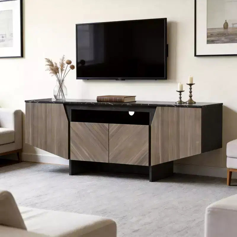 CuisinSmart 63''L Mid Century Modern TV Stand with Opening-Shelf Storage, Under TV Cabinet with 4 Doors, Wooden TV Stands for Living Room Apartment