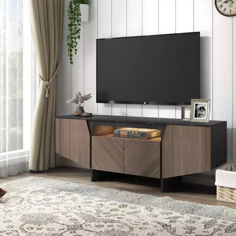 CuisinSmart 63''L Mid Century Modern TV Stand with Opening-Shelf Storage, Under TV Cabinet with 4 Doors, Wooden TV Stands for Living Room Apartment