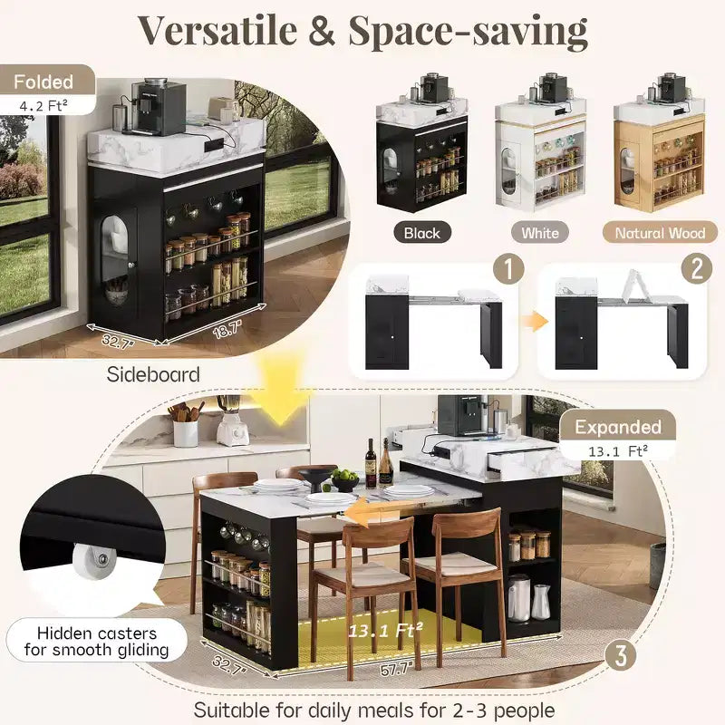 Zeus & Ruta Extendable Kitchen Island with Folding Tabletop, Drawers, Power Outlet, Wheels & Hooks for Dining Room