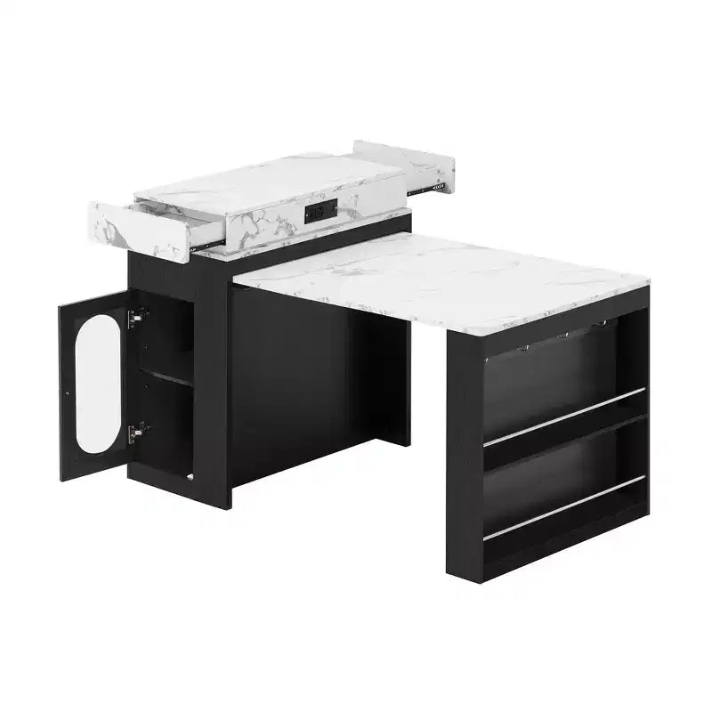 Zeus & Ruta Extendable Kitchen Island with Folding Tabletop, Drawers, Power Outlet, Wheels & Hooks for Dining Room