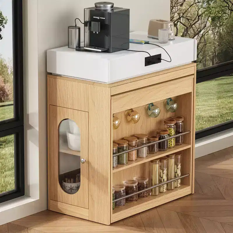 Zeus & Ruta Extendable Kitchen Island with Folding Tabletop, Drawers, Power Outlet, Wheels & Hooks for Dining Room
