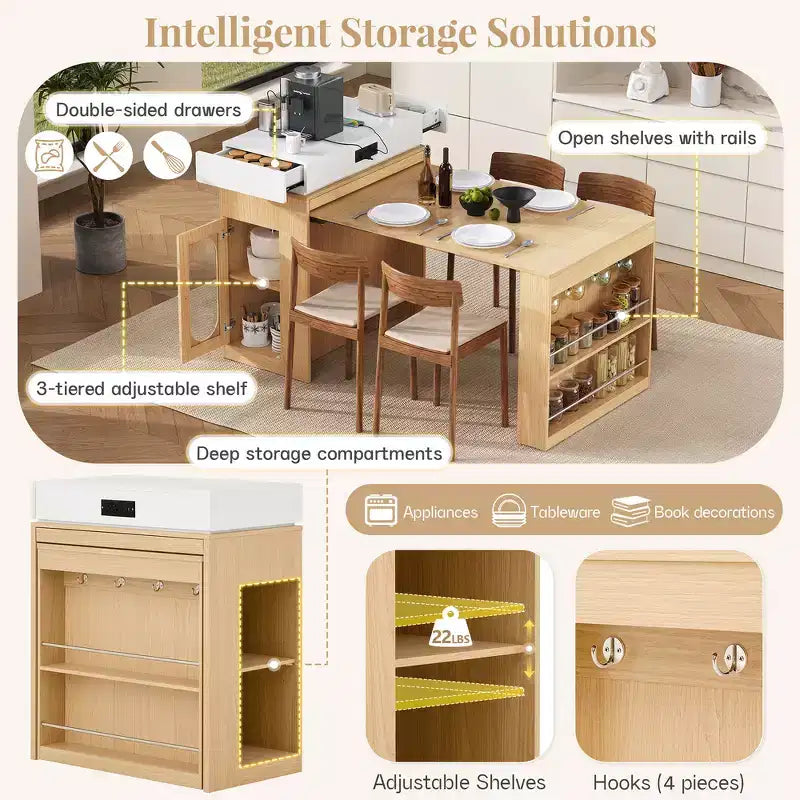 Zeus & Ruta Extendable Kitchen Island with Folding Tabletop, Drawers, Power Outlet, Wheels & Hooks for Dining Room