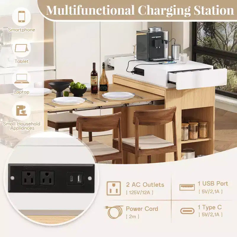 Zeus & Ruta Extendable Kitchen Island with Folding Tabletop, Drawers, Power Outlet, Wheels & Hooks for Dining Room