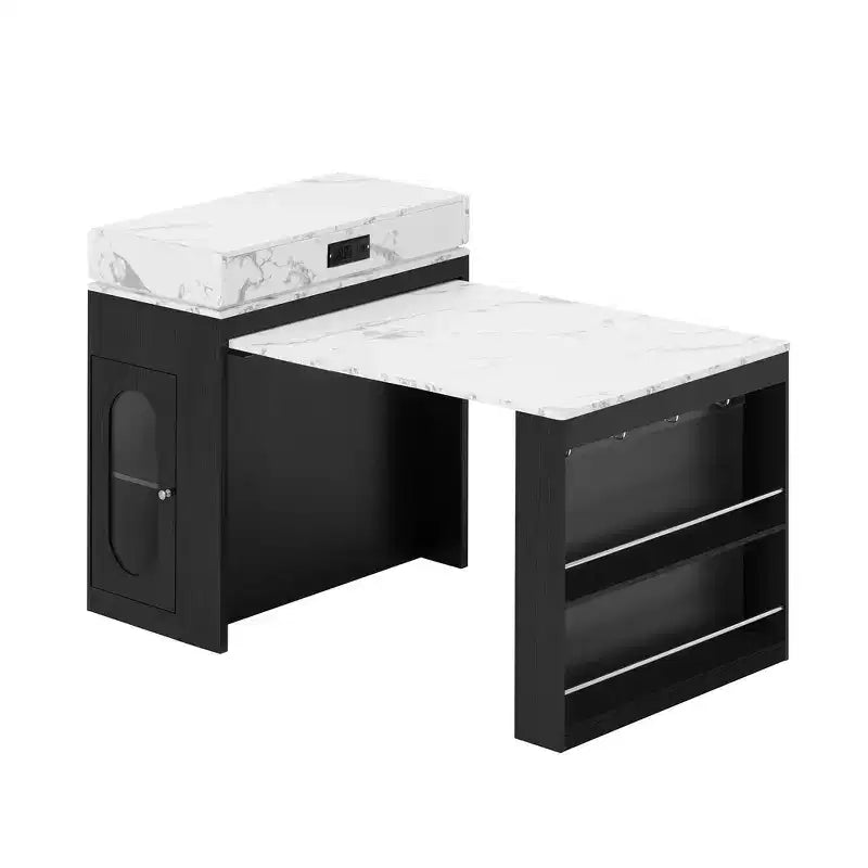 Zeus & Ruta Extendable Kitchen Island with Folding Tabletop, Drawers, Power Outlet, Wheels & Hooks for Dining Room