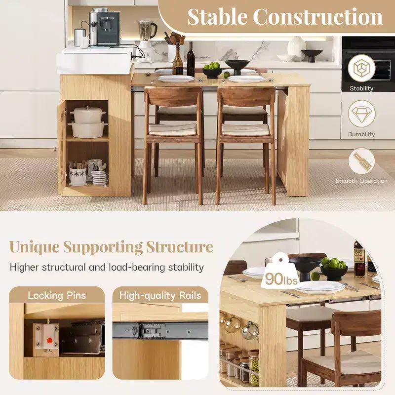 Zeus & Ruta Extendable Kitchen Island with Folding Tabletop, Drawers, Power Outlet, Wheels & Hooks for Dining Room